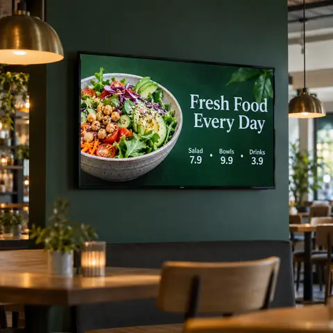 A café wall TV showing a food menu with a photo of the dish