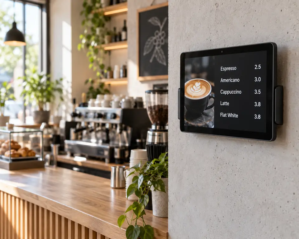 Two TV screens above a café counter showing the menu