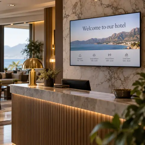 A hotel lobby TV with a welcome slide
