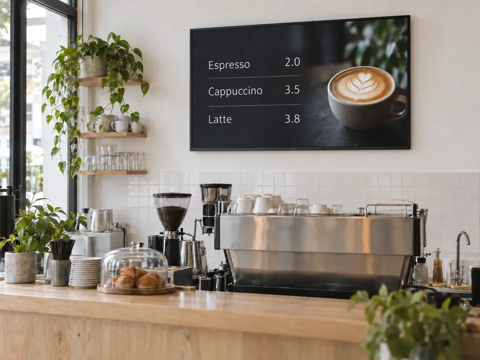 A café TV showing the menu above the counter