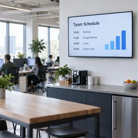 An office TV with a team schedule and a bar chart